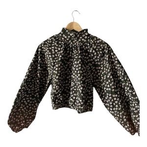 ZARA Ditsy Floral Mock Neck Cropped Balloon Sleeve Top Size Medium